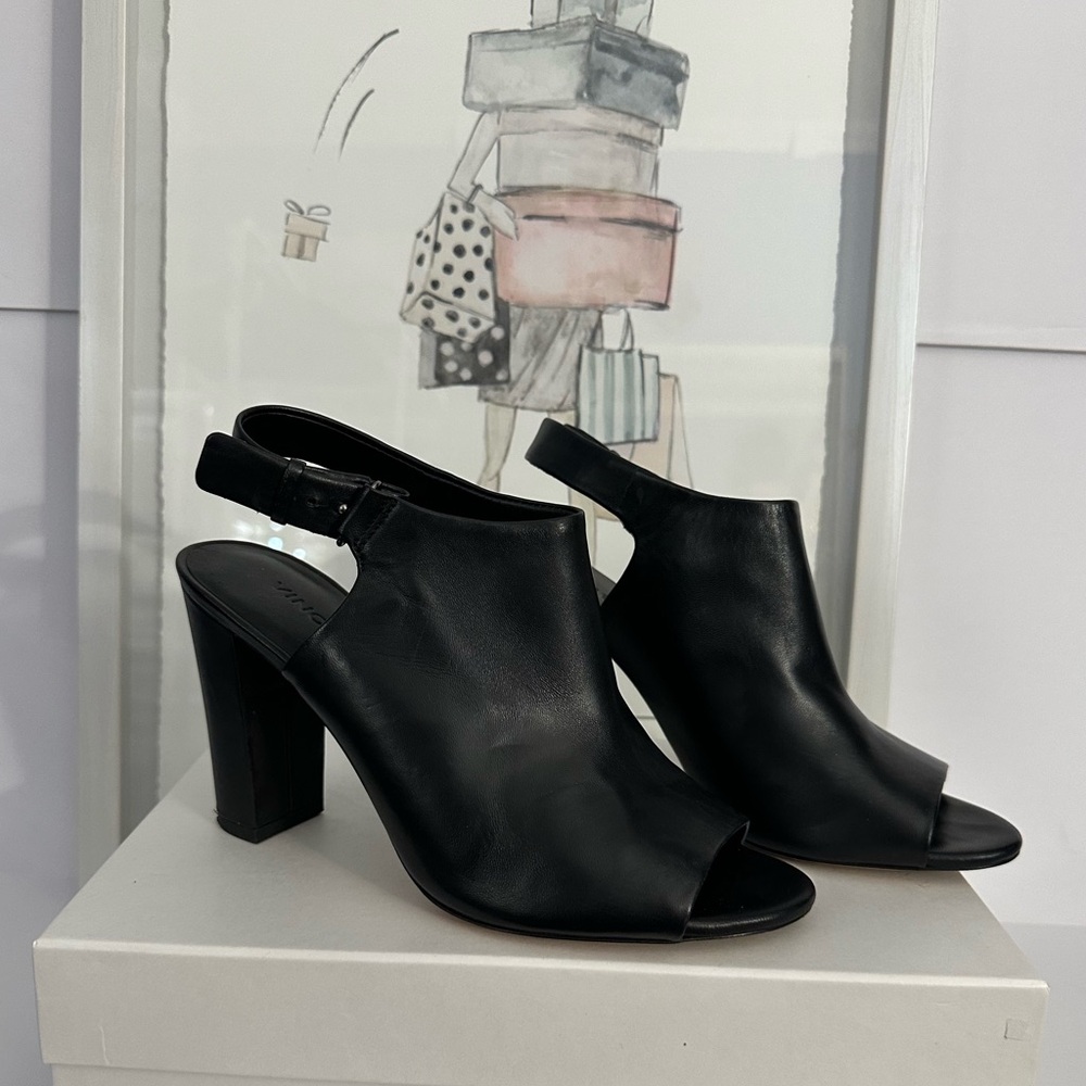 VINCE Size 9 Hartley Soft Leather Black Heels Peep Toe Sling Back Adjustable BOX